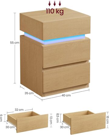 Тумбочка VASAGLE зі світлодіодом, 3 ящики, регульовані кольори, 35x40x55 см, дуб бежевий, LET630T0
