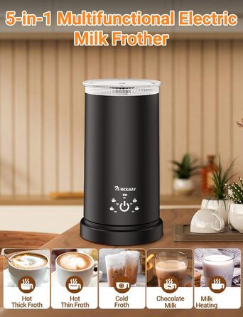 Електричний спінювач молока 5-в-1 600W з антипригарним покриттям. Підходить для приготування гарячого та холодного молочного пін, какао, лате, капучино. Чорний.