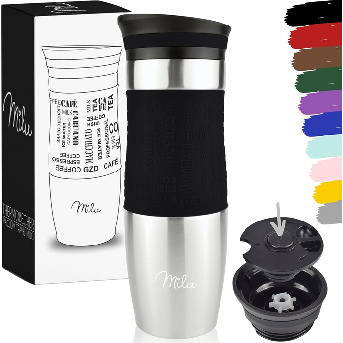 Термокружка Milu 450 мл, 370 мл з нержавіючої сталі, для кави 'to go', з подвійними стінками, не протікає, чорна