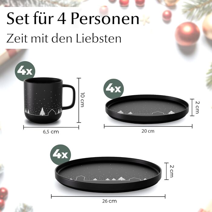 Набір чашок Miamio на Новий рік, 4 шт, 500 мл (чорні) / Кавові чашки на Різдво, мінімалістичний зимовий мотив, подарунок на Новий рік, безпечні для миття в посудомийній машині та використання в мікрохвильовій печі – Зимова колекція (12 шт)