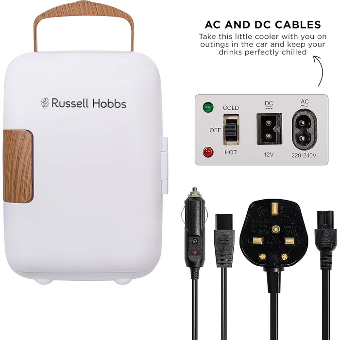 Міні-холодильник Russell Hobbs RH4CLR1001SCW 4L: портативний, AC/DC, для напоїв та косметики, скандинавський стиль, білий з ефектом дерева