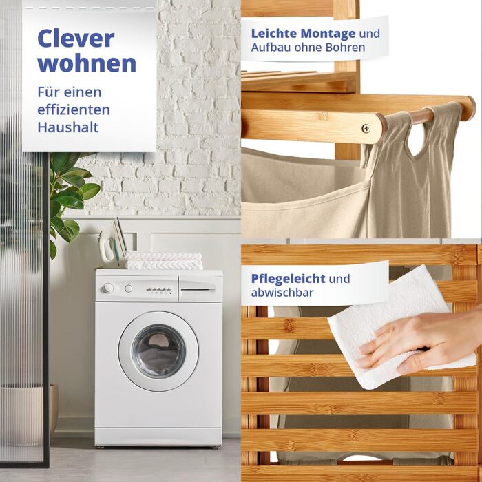 Кошик для білизни Lumaland з бамбука з 2 висувними мішками для білизни | Легкий у догляді, стійкий до вологи, легко очищується | Висота 73 см x 64 см (ширина) x 33 см (глибина) [Бежевий] 2 відділення для білизни, 2 мішки для білизни | Бежевий