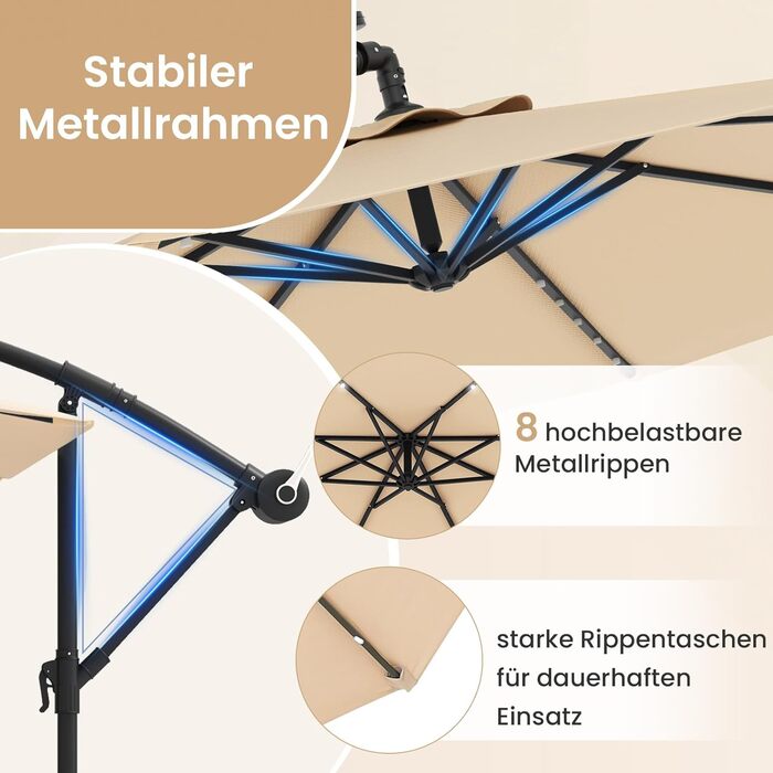 Парасолька від сонця COSTWAY 300 см з підставкою та LED-підсвіткою, бежева — садова парасолька-ампел з ручкою-коробкою та UV-захистом для тераси, басейну та двору