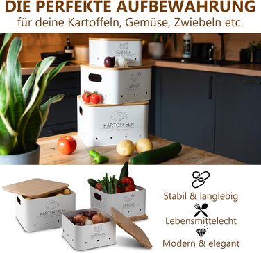 Коробки для зберігання картоплі MNKsolution (3 шт) з кришкою - для картоплі, овочів, цибулі, часнику - органайзер для кухні, контейнери для продуктів (білий)