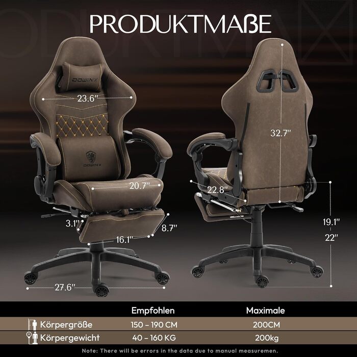 Ігровий крісло Dowinx з регульованою підніжкою, масажером попереку та офісним комфортом, до 200 кг, нахил спинки 165°, коричневий