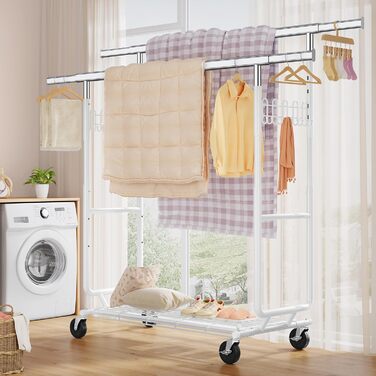 Стійка для одягу на колесах FAVOOOSTY, металева, мобільна, до 200 кг, швидка установка, біла, 2 стяжки