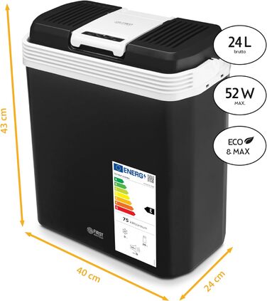 Електричний охолоджувач TZS First Austria 24 літри Підключення 12 вольт і 230 вольт з вилкою 12 В для автомобіля для кемпінгу, фестивалів і подорожей з функцією охолодження та збереження тепла сірий (24 л Чорний)