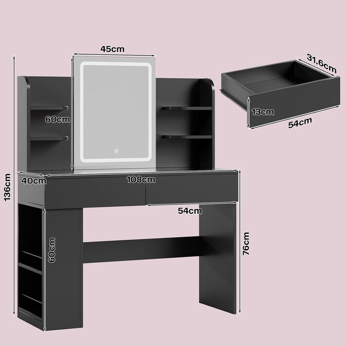 Великий туалетний столик Airfish з підсвічуванням 108x40 см, з дзеркалом та полицями, 2 шухляди, регульована яскравість, 3 кольори, для спальні/вітальні (білий туалетний столик) (чорний туалетний столик)