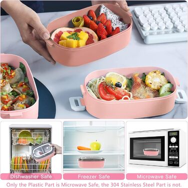 Ланчбокс дорослий та дитячий з сумкою, 3 відділи, витоки неможливі, для мікрохвильовки, бенто-бокс для роботи, школи, пікніка, подорожей (рожевий)