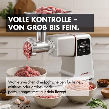 Електрична м'ясоподрібнювач GASTROBACK 6-в-1 з насадкою для ковбас та шприц-насадкою - 2500 Вт, нержавіюча сталь, з сенсорним екраном та пресом для бургерів