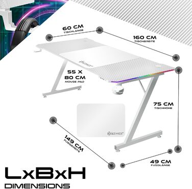 Ігровий стіл KESSER® LED 160x60 см | З-подібний стіл для геймерів | Тримач для навушників & вуглецеве покриття | Ергономічний стіл для ПК | Стабільний стіл з підстаканником, білий