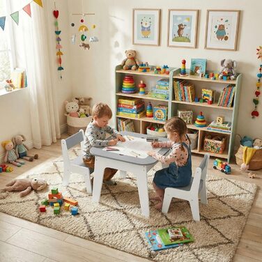 Дитячий стіл та стільці Clevich: комплект з місцем для зберігання, 2 стільці, двосторонній стіл для малювання та будівельна пластина, сірий