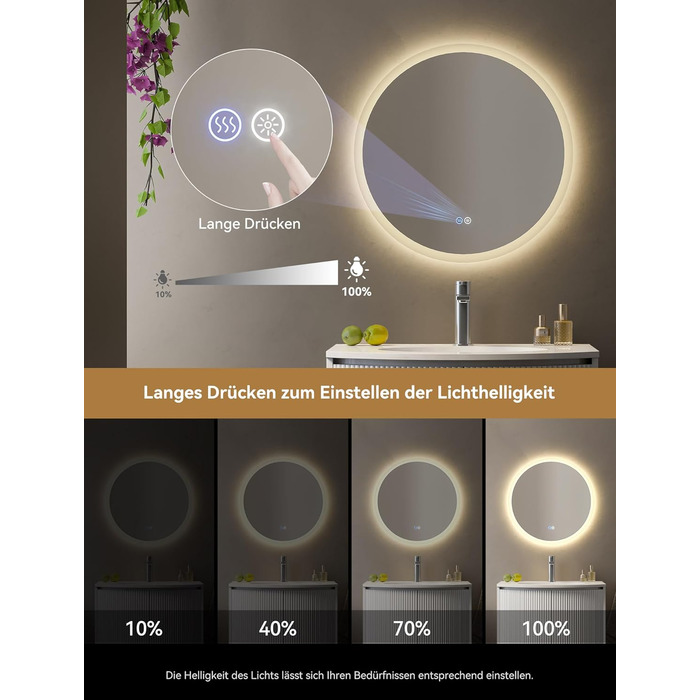 Дзеркало для ванної кімнати HOROW круглої форми з підсвічуванням, 80 см, LED, регулювання кольору світла (холодне, тепле, нейтральне), диммування, антизапар, без рами, IP44, енергозберігаюче (60x60 см)