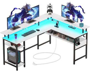 Ігровий стіл Rolanstar L-подібної форми з LED-підсвічуванням та розеткою, 137 x 108 см, комп'ютерний стіл з підставкою для монітора та місцем для зберігання, реверсивний кутовий стіл для офісу, домашнього офісу (Білий)