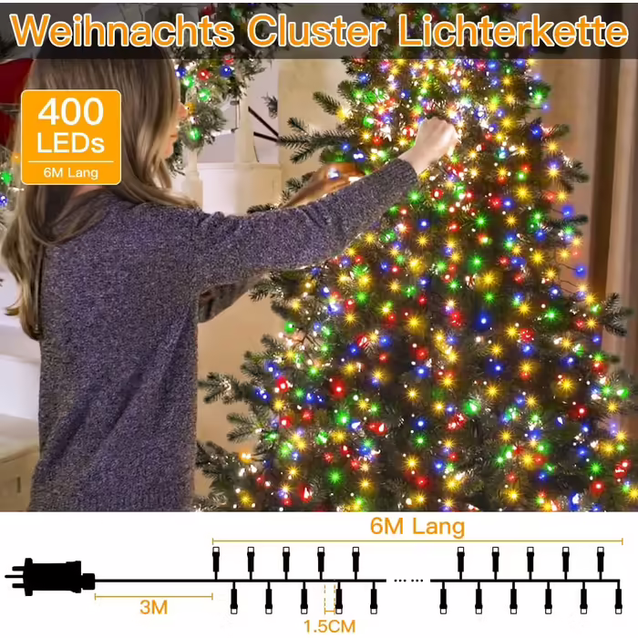 Гірлянда Ollny 6м 400 LED, вулична, IP44, 8 режимів, таймер, кольорова, для ялинки, весілля, вечірки
