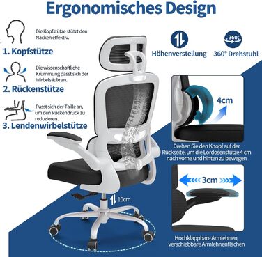 Ергономічне крісло TRALT для офісу з регульованою поперековою підтримкою та підголівником. Ігрове крісло, офісне крісло, крісло для дому, крісло для великих людей, 150 кг, біло-чорне