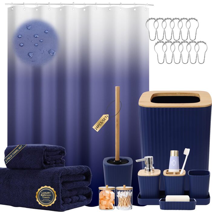 Комплекти аксесуарів для ванної кімнати, 9 предметів: сміттєвий бак, лоток для косметики, дозатор мила, мильниця, стакан для зубної щітки, щітка для унітазу та тримач для ватних паличок (Глиняний, Морська блакить, Комплект для ванної + штора + рушники)