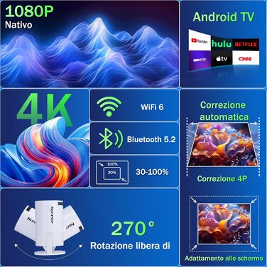 Beamer 4K: Міні проєктор Full HD 1080P з Wi-Fi 6, Bluetooth 5.2 та Android. Підтримка PC/HDMI/USB, авто-корекція Keystone, поворот 270°, з пультом та мишкою, білий.