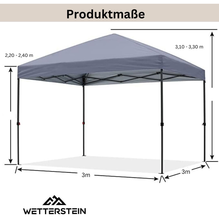 Павільйон Wetterstein 3x3 м з сумкою Намет Складний садовий намет Намет з балдахіном Намет для вечірок Popup з системою кліків Сірий