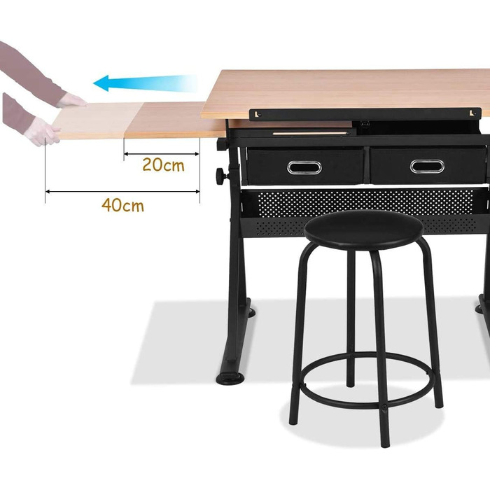 Стол для малювання RELAX4LIFE з регулюванням висоти та нахилу, з ящиками та пуфом, 110 x 69,2 x 73,5-98 см, професійний стіл для художника з двома столешницями, дерев'яний