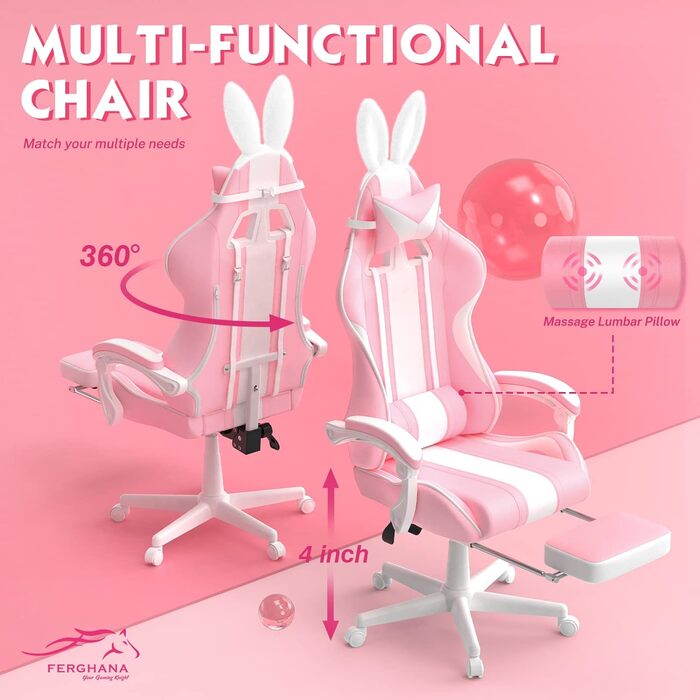 Ігрове крісло Ferghana з підставкою для ніг і підголівником рожеве