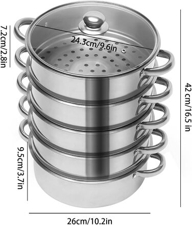 Набір пароварок з нержавіючої сталі, 5 ярусів, зі скляною кришкою, діаметр 26 см