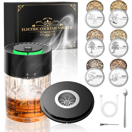 iDiskk Набір для копчення коктейлів: електричний димогенератор для віскі, бурбон, міксологія, вбудований запальник, 6 дерев'яних стружок