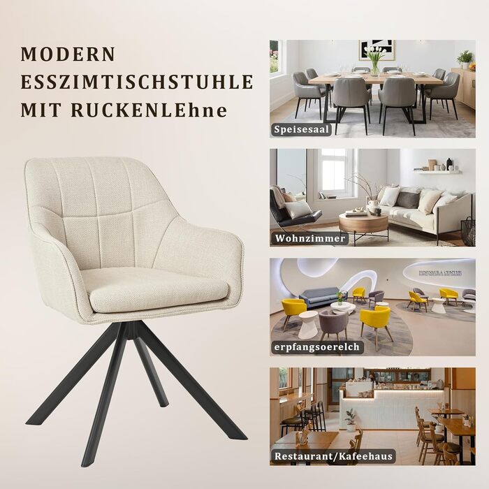 Набір з 2 обертових стільців для їдальні/кухні, бежевий, з підлокітниками, поліестер, металеві ніжки