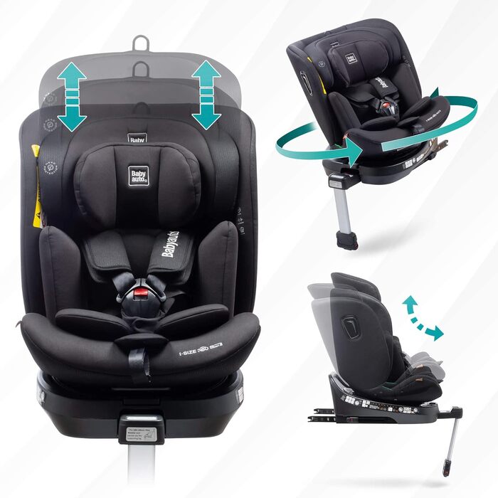 Дитяче автокрісло Aitana на 360 з поворотом ISOFIX з опорною ніжкою - Дитяче автокрісло групи 0/1/2/3 (0-36 кг/0-12 років) Автокрісло з iSize - 5-точковий ремінь безпеки - чорний (з тисненням чорний)