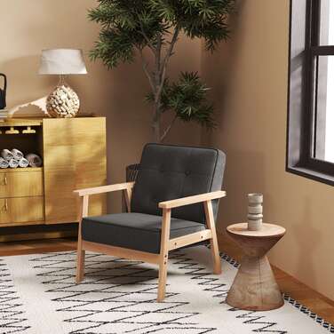 Крісло-релакс з підлокітниками, оббивка льон, сірий колір, дерев'яний каркас, розміри 64,5 x 70 x 74 см