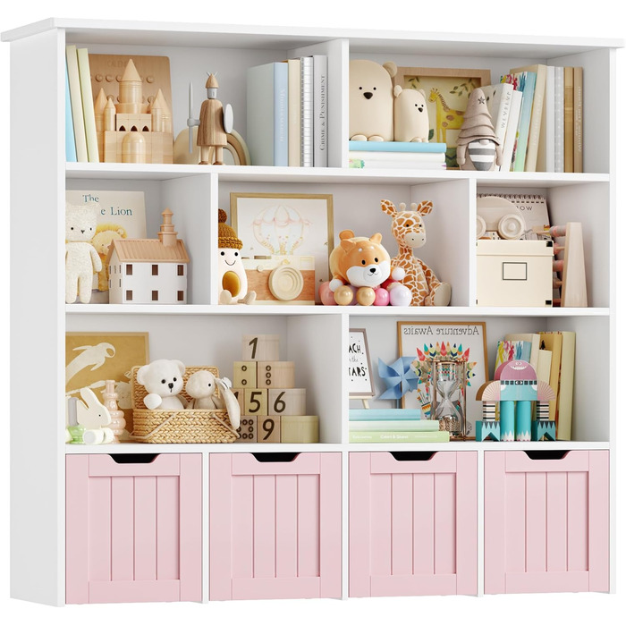 Дитяча полиця FOREHILL з коробками на колесах, 4 яруси, меблі для дитячої кімнати, іграшковий та книжковий стеллаж, рожевий, 125.5x33x118 см