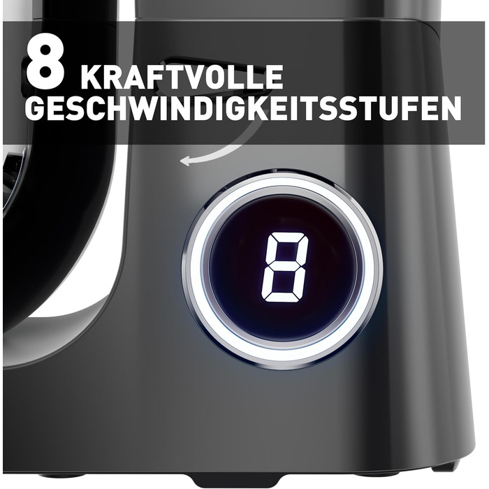 Кухонна машина Heinrichs 2500W з двома гаками для тіста, міксером та насадкою для збивання, 8 швидкостей, чаша 8л з нержавіючої сталі, тиха, з титановим покриттям
