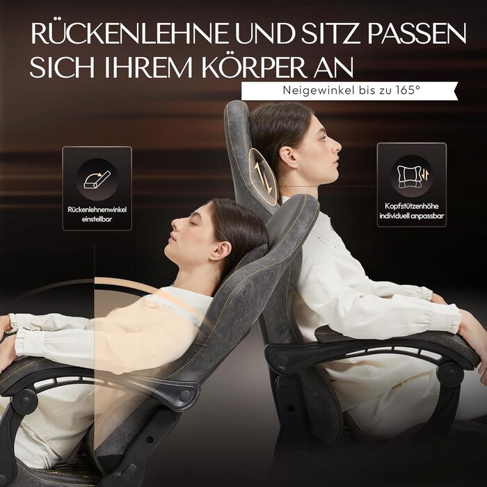 Ігрове крісло Dowinx з підніжкою, масажером попереку та офісним комфортом, до 200 кг, регулювання спинки 165°, сірий