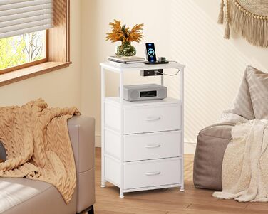 Приліжкова тумбочка Coleshome біла з розеткою, 2 USB, LED-підсвіткою, 3 висувними ящиками та місцем для зберігання, 40x30x70 см