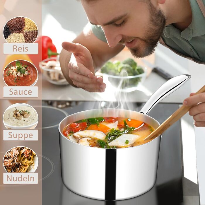 Каструля HaWare з нержавіючої сталі 16 см з кришкою, 1.9 л, для всіх типів плит, нержавіюча сталь, не має покриття, придатна для миття в посудомийній машині