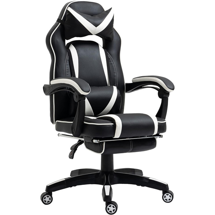 Ігрове крісло Vinsetto Офісне крісло Поворотне крісло Крісло керівника з підставкою для ніг Спинка Подушка Регульована штучна шкіра 65x64x114-123.5 см (БілийЧорний)