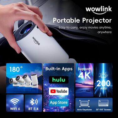 Портативний проєктор Mini Beamer 4K/1080P з WiFi 6, Bluetooth 5.4, Keystone 180°, сумісний з HDMI, TV Stick, Memory Stick, Laptop (Білий)