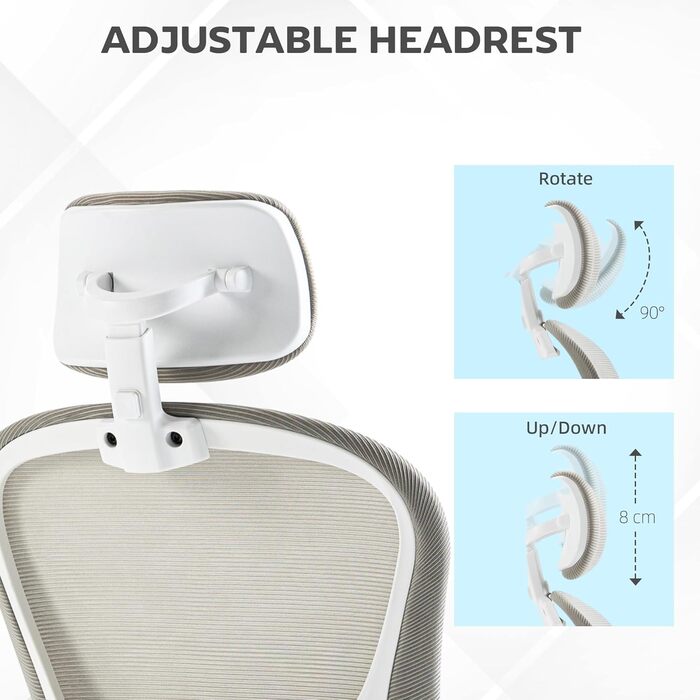 Офісне крісло Vinsetto з високою спинкою, сітчаста тканина, комп'ютерне крісло з обертовою підголівником, 4D поперекова підтримка, відкидні підлокітники, регульована висота, Білий (Сірий)