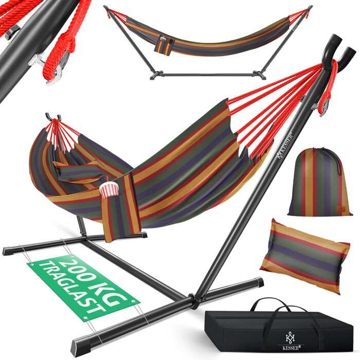 Гамак KESSER® Lake з каркасом для 2 осіб, 200 кг, для дому та саду, XXL гамак-крісло, балкон, тераса, з подушкою, кольоровий