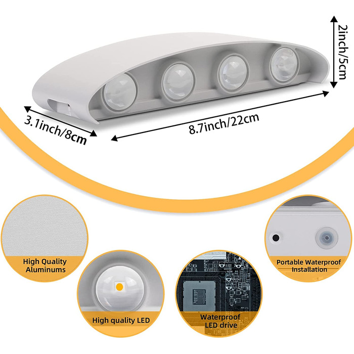 Внутрішній Настінний Світильник Lureshine, Настінний Світильник Up-Down 22x8x5 см, литий під тиском алюмінієвий зовнішній настінний світильник 8 Вт IP 65, світлодіодний внутрішній теплий білий світильник 3000K, настінний світильник Up-Down в приміщенні, в