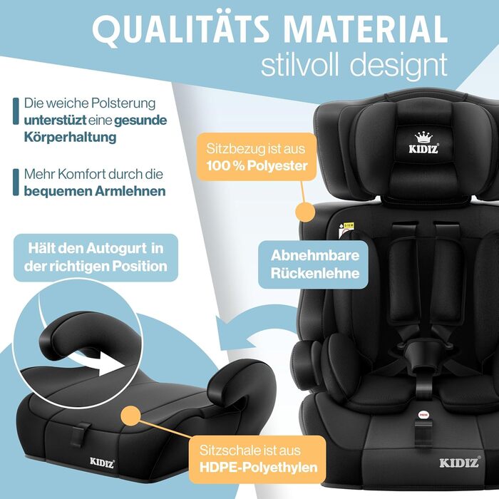 Автокрісло KIDIZ® для дітей 9-36 кг, групи 1+2+3, 5-точкові ремені безпеки, регульована підголовник, чорний колір