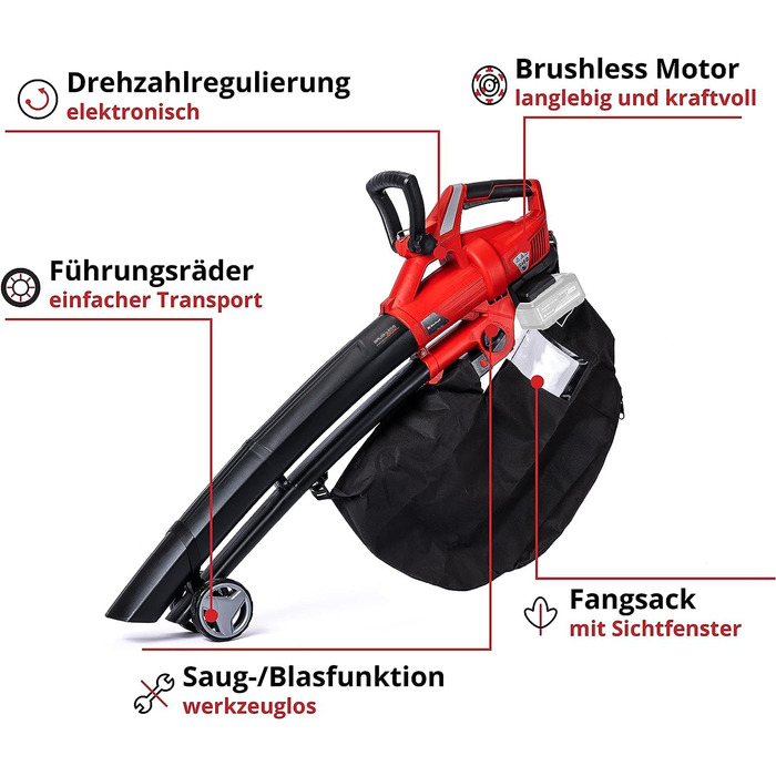 Einhell GE-CL 36 Li E-Solo Акумуляторний пилосос-повітродувка Power X-Change (2x18V, 210 км/год, безщітковий мотор, 45л мішок, ремінь, без акумулятора та зарядного пристрою)