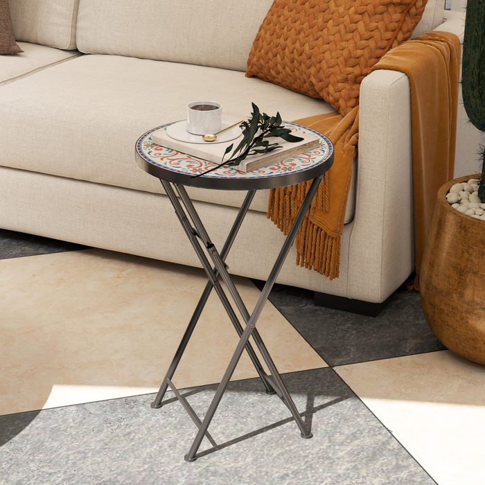 Outsunny Side Table Складаний садовий стіл з мозаїчним дизайном, Ø35.5 x 55 см Круглий атмосферостійкий металевий балконний стіл, Кемпінговий стіл Розкладний стіл Журнальний столик для вітальні, офіс, Відкритий Внутрішній, Багатокольоровий