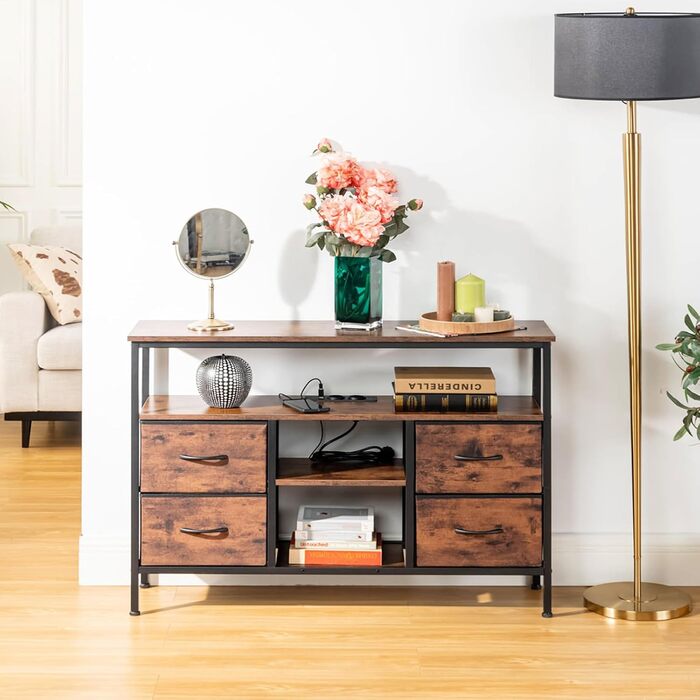 Вінтажна шафа для вітальні з LED-підсвічуванням, комод у стилі вінтаж з 4 висувними ящиками, 110x30x78 см, 2 USB та 2 AC роз'єми, дерев'яний комод для вітальні/кухні