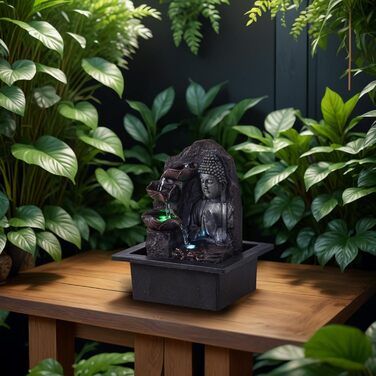 Джерело Zen'Light Zimmerbrunnen з Буддою та LED-підсвіткою - Сучасна декор для медитації та релаксації, Фен-Шуй, 26 см, горіх