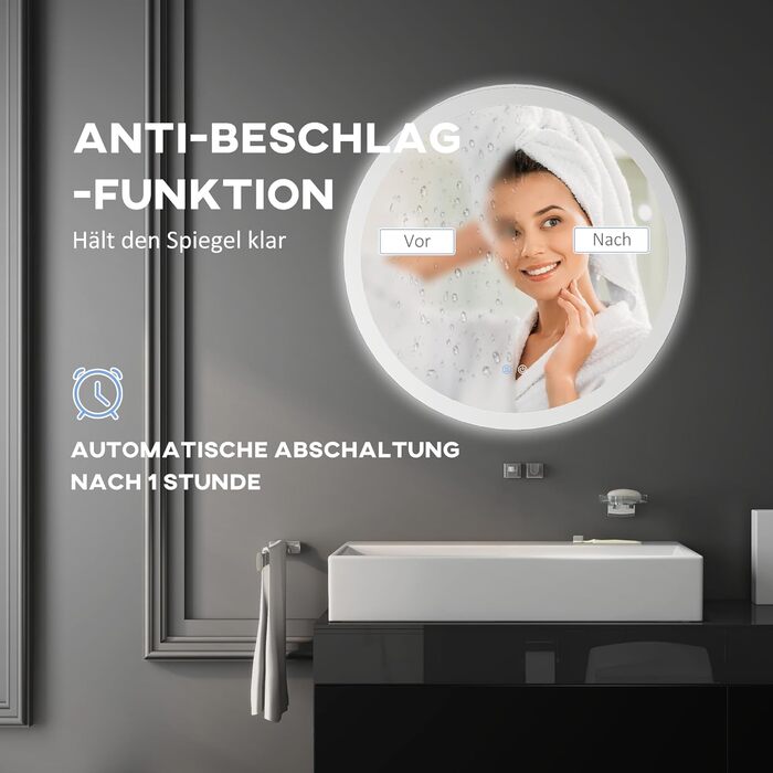 Дзеркало для ванної кімнати Kleankin Ø60 см з підсвічуванням LED, кругле, з сенсорним вимикачем, функцією пам'яті, протизапотівальне, 3 кольори світла (білий+срібний), 60x60 см