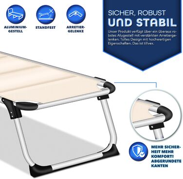 Сонячне ліжко Tillvex® з дахом та подушкою для голови | Садова лежанка, розкладний шезлонг | Пляжний лежак з регульованою спинкою | Алюмінієве ліжко (ліжко з преміум-подушкою, бежеве)