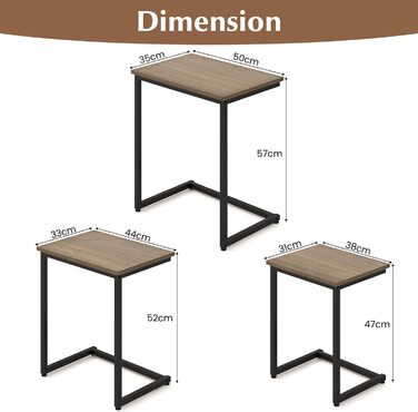 Набір з 3 бічних столиків, гніздового столу, штабельованого журнального столика, столів для вітальні з дерева та металу, 3 шт. С-подібний журнальний столик для вітальні та офісу (сірий)