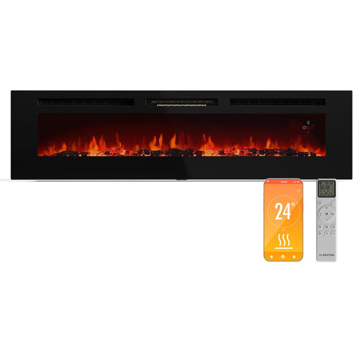 Електрокамін Klarstein Galeras Smart 1800 Вт, LED-полум'я, керування через додаток та пульт, регулювання кольору і яскравості, захист від перегріву, настінний, чорний, 178×47×13 см