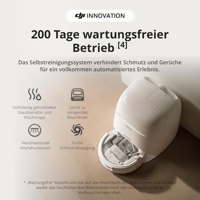 Робот-пилосос DJI ROMO S з функцією миття підлоги, 25 000 Па потужність всмоктування, розпізнавання перешкод рівня дрона, два робочі руки, 200 днів без обслуговування, автоматичне очищення та сушіння моп-насадки (DJI ROMO A (версія з баком для води))